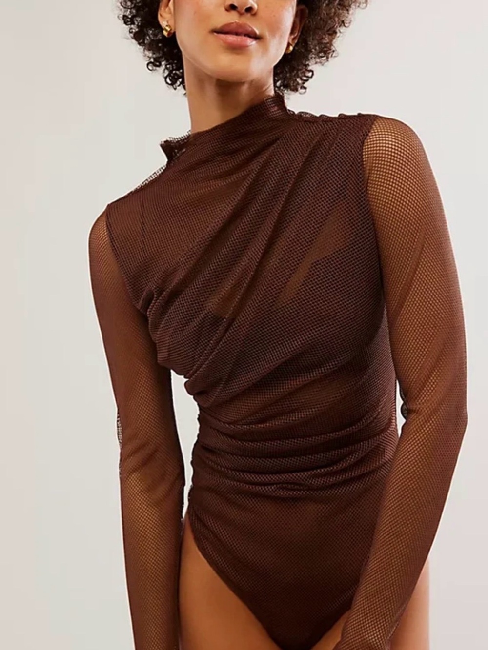 Free People Brown Sheer Mesh Draped Bodysuit Long Sleeve